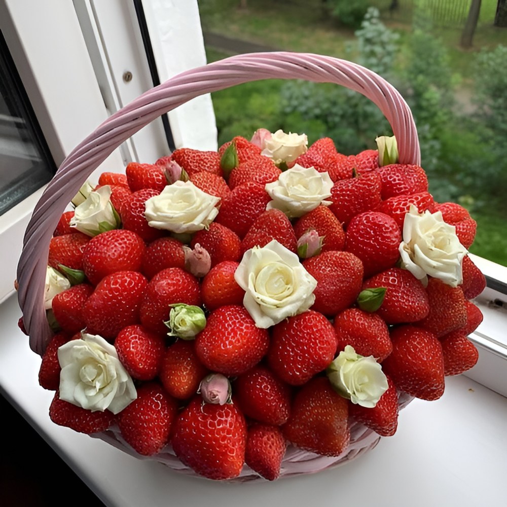 

Корзина с цветами и клубникой